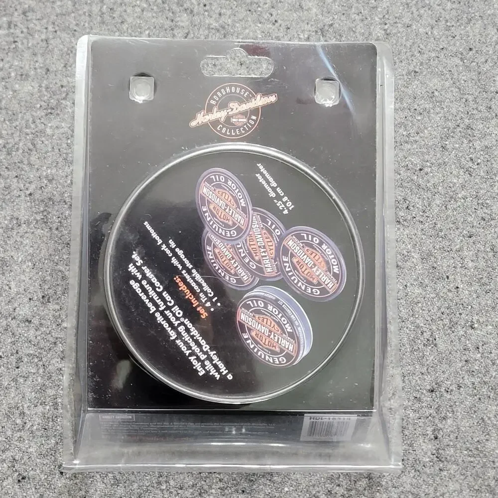 Harley Davidson Oil Can Coaster Set Of 4 Cork Bottom With Storage Tin